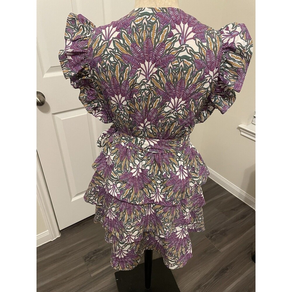 Marie Oliver Fiona Dress Sze XXS Purple Green Floral Cotton Vneck Ruffle Sleeve - Picture 3 of 9